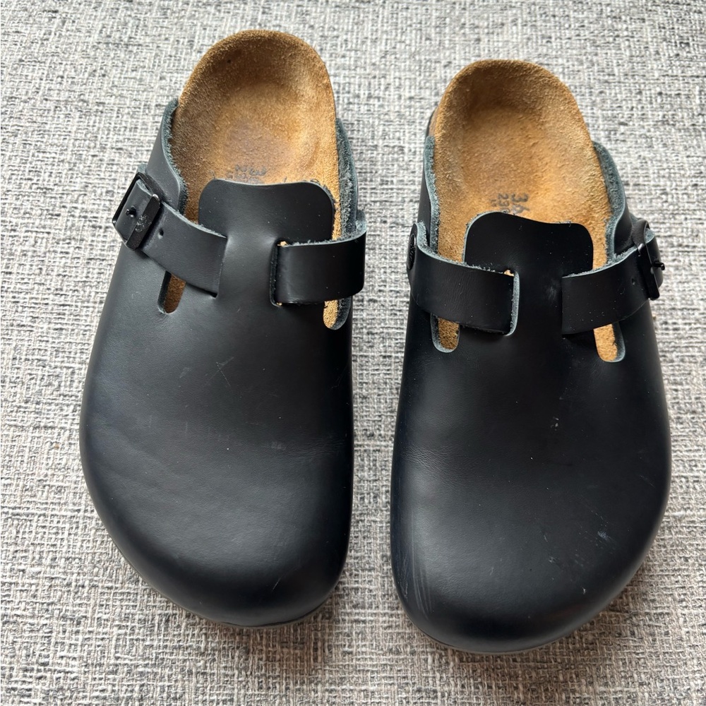 Birkenstock Boston Amalfi Black Smooth Leather Soft Footbed Regular Sz 36 5/5.5